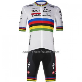 Completo Maglia + Pantaloncino con bretelle 2023 Soudal Quick-Step Campione Del Mondo Manica Corta Bianco Multicolore